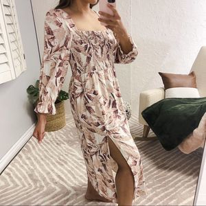 House of Harlow 1960 Womens Large Dress Midi Pink Floral Leaves Puff Sleeves